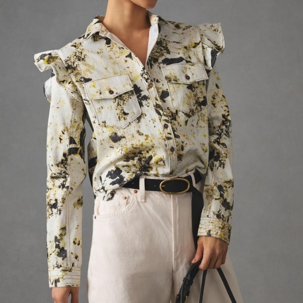 Anthropologie Pilcro Utility Blouse Button Down Top Ruffle Shoulder Medium